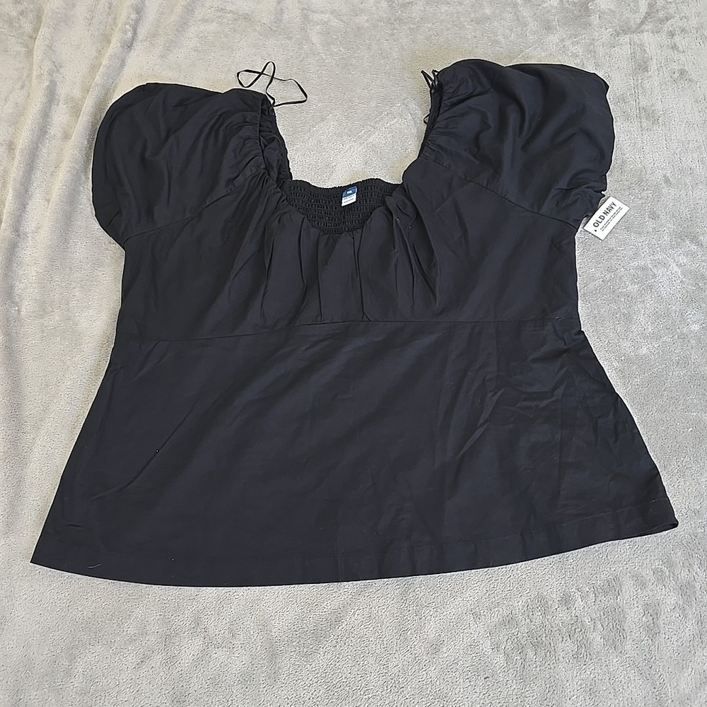 Old Navy Blouse‎ Womens 3XL Black Puff Sleeve Shirred Sweetheart Neck Textured